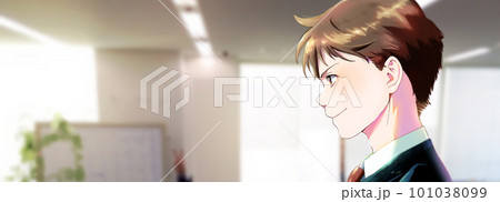 横顔の社会人男性イラスト、ストラップなし、背景オフィス 室内、左スペースあり 101038099