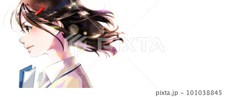 セーターを着た横顔の女の子のイラスト、書類あり、髪にピン、背景なし、右スペースあり 101038845
