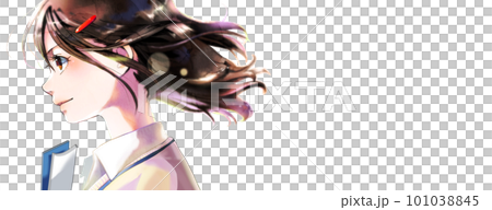 セーターを着た横顔の女の子のイラスト、書類あり、髪にピン、背景なし、右スペースあり 101038845