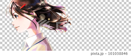 Illustration of a girl in profile wearing a sweater, pins in her hair, no documents, no background, right space Illustration of a girl in profile wearing a sweater, pins in her hair, no documents, no background, right space 101038846