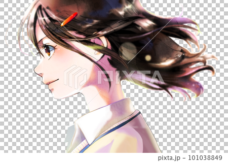 セーターを着た横顔の女の子のイラスト、ピンあり、背景なし、人物単体 セーターを着た横顔の女の子のイラスト、ピンあり、背景なし、人物単体 101038849