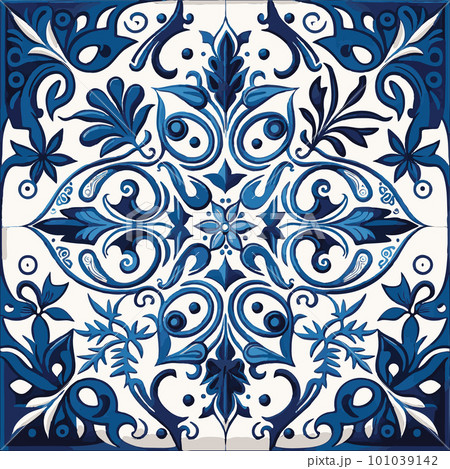 Retro Azulejo Mosaic Tile, Vintage Portuguese Wall Ceramic Seamless Pattern, Old Blue Tiles Background Retro Azulejo Mosaic Tile, Vintage Portuguese Wall Ceramic Seamless Pattern, Old Blue Tiles Background 101039142
