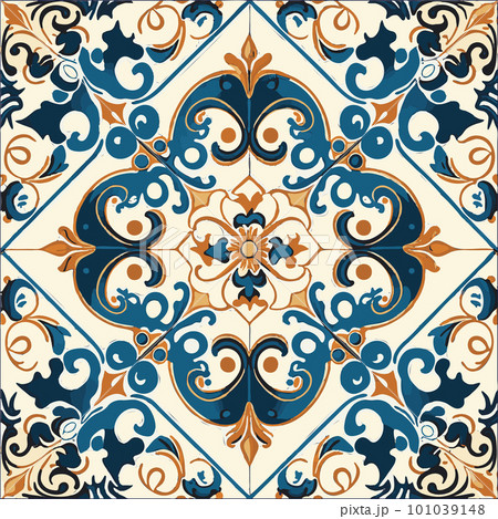 Retro Azulejo Mosaic Tile, Vintage Portuguese Wall Ceramic Seamless Pattern, Old Blue Tiles Background 101039148