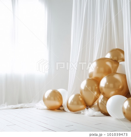 Gold and white balloon on white  room with curtain background 101039473