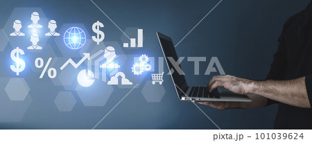 Business analytics and technology analysis concept. A manager uses a computer to analyze financial and economic affairs. 101039624