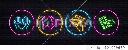 Face id, Hold heart and Volunteer minimal line icons. Neon laser 3d lights. Pay money icons. For web, application, printing. Identification system, Care love, Social care. Hold cash. Vector 101039689