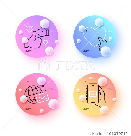 Volunteer, World mail and Mail app minimal line icons. 3d spheres or balls buttons. Like icons. For web, application, printing. Social care, Chat, Smartphone email. Thumbs up. Vector 101039712