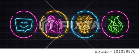 Discount, Fireworks and Smile face minimal line icons. Neon laser 3d lights. Hot offer icons. For web, application, printing. Sale shopping, Pyrotechnic salute, Chat. Sale discount. Vector 101039970