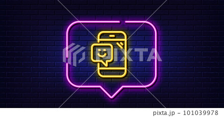 Neon light speech bubble. Smile phone line icon. Positive feedback rating sign. Customer satisfaction symbol. Neon light background. Smile glow line. Brick wall banner. Vector Neon light speech bubble. Smile phone line icon. Positive feedback rating sign. Customer satisfaction symbol. Neon light background. Smile glow line. Brick wall banner. Vector 101039978