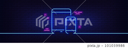 Neon light glow effect. Mobile Devices icon. Smartphone and Tablet PC signs. Touchscreen gadget symbols. 3d line neon glow icon. Brick wall banner. Mobile devices outline. Vector Neon light glow effect. Mobile Devices icon. Smartphone and Tablet PC signs. Touchscreen gadget symbols. 3d line neon glow icon. Brick wall banner. Mobile devices outline. Vector 101039986