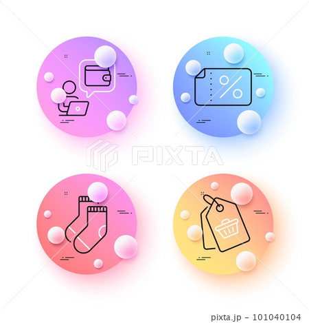 Discount banner, Wallet and Socks minimal line icons. 3d spheres or balls buttons. Sale tag icons. For web, application, printing. Sale coupon, Online money, Underwear accessory. Shopping cart. Vector 101040104