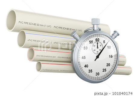 PVC pipes, composite pipe, uPVC pipe, cPVC pipe with stopwatch, 3D rendering 101040174
