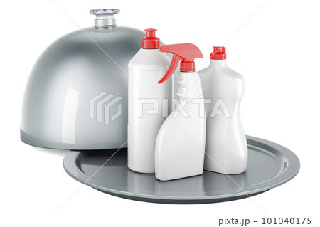 Restaurant cloche with detergent, cleaning products. 3D rendering 101040175