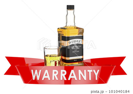 Whiskey bottle and full glass of whiskey, warranty concept. 3D rendering Whiskey bottle and full glass of whiskey, warranty concept. 3D rendering 101040184