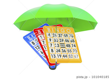 Bingo cards under umbrella. 3D rendering Bingo cards under umbrella. 3D rendering 101040185