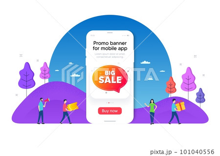 Sale bubble banner. Phone ui interface banner. Discount sticker shape. Coupon chat icon. Mobile smartphone promo banner. Sale bubble tag. Man with gift box. Vector 101040556