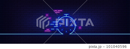 Neon light glow effect. Cooking timer line icon. Frying stopwatch sign. Food preparation symbol. 3d line neon glow icon. Brick wall banner. Cooking timer outline. Vector 101040596