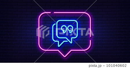 Neon light speech bubble. Quote bubble line icon. Chat comment sign. Speech bubble symbol. Neon light background. Quote bubble glow line. Brick wall banner. Vector 101040602