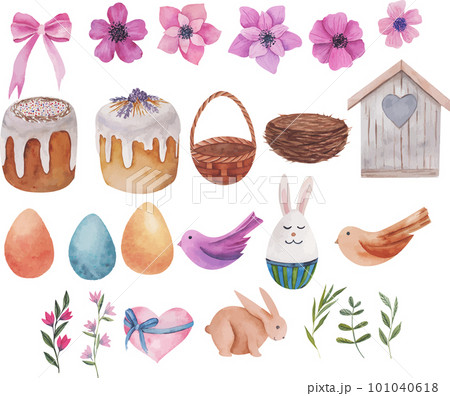 Vector illustrations on a spring theme, flowers, Easter eggs, twigs, birds and an Easter bunny. 101040618