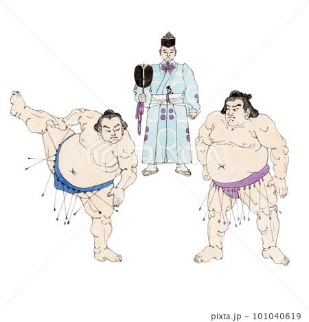 力士と行司　相撲 横綱　水彩 浮世絵風イラスト 101040619