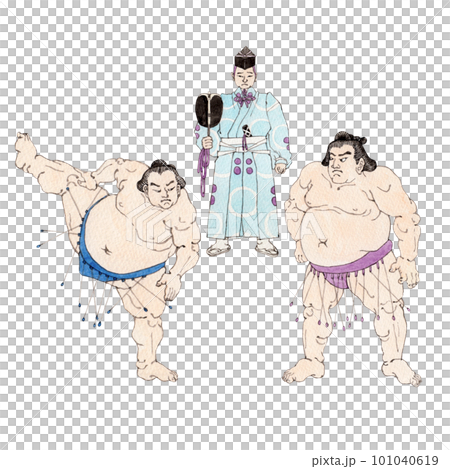 Sumo wrestler and referee Sumo wrestler Yokozuna watercolor Ukiyo-e style illustration 101040619