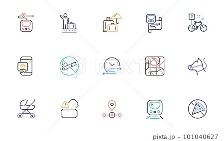 Underground line icons. Subway map, Station location, Metro rules. Dog on leash, Apple core, No smoking outline icons. Underground tickets, No alcohol drink, food at metro. Baby carriage place. Vector Underground line icons. Subway map, Station location, Metro rules. Dog on leash, Apple core, No smoking outline icons. Underground tickets, No alcohol drink, food at metro. Baby carriage place. Vector 101040627