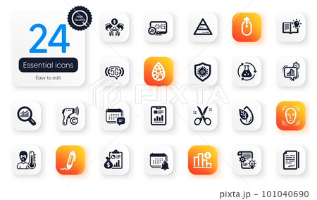 Set of Science flat icons. Face detection, Statistics timer and Thermometer elements for web application. Swipe up, Decreasing graph, Cogwheel icons. Signature, Chemistry experiment. Vector 101040690