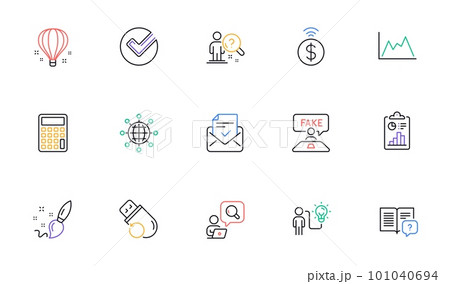 Paint brush, Flash memory and Inspect line icons for website, printing. Collection of Instruction manual, Approved mail, Search employee icons. Fake review, Contactless payment. Vector 101040694