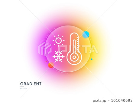 Weather thermometer line icon. Gradient blur button with glassmorphism. Winter snowflake, sun sign. Temperature symbol. Transparent glass design. Weather thermometer line icon. Vector 101040695