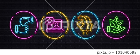 Heart, Online rating and Electronic thermometer minimal line icons. Neon laser 3d lights. Organic product icons. For web, application, printing. Love head, Favorite message, Temperature scan. Vector Heart, Online rating and Electronic thermometer minimal line icons. Neon laser 3d lights. Organic product icons. For web, application, printing. Love head, Favorite message, Temperature scan. Vector 101040698