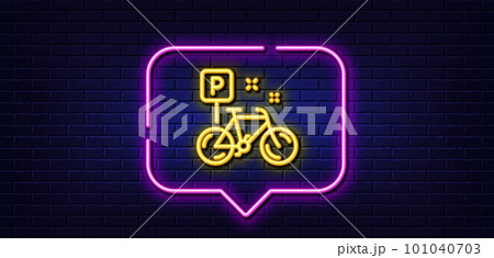 Neon light speech bubble. Bike line icon. Bicycle parking sign. Urban traffic symbol. Neon light background. Bike glow line. Brick wall banner. Vector 101040703