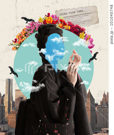 Young Asian woman with sky instead face wearing black kimono. Surreal contemporary art collage. Dreams, aspiration concept 101040748