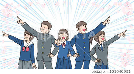 指差す中学生_セット_それぞれの方向を目指す男女5人_水色集中線_桜の花あり 101040931