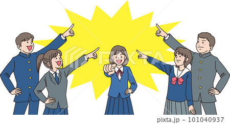 Print指差す中学生_セット_カラー_真ん中の同じ方向を目指す男女5人_背景色あり 101040937