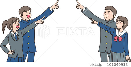 指差す中学生_セット_カラー_真ん中の同じ方向を目指す男女4人 101040938