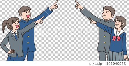 指差す中学生_セット_カラー_真ん中の同じ方向を目指す男女4人 101040938