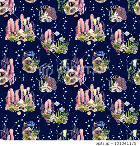 Watercolor seamless pattern with coralls, exotic coral reef fishes. Illustration for wrapping, wallpaper, fabric 101041179