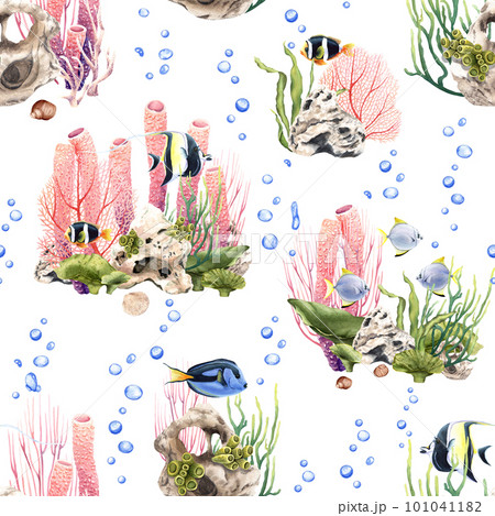 Watercolor seamless pattern with coralls, exotic fishes. Illustration isolated on white for wrapping, wallpaper, fabric Watercolor seamless pattern with coralls, exotic fishes. Illustration isolated on white for wrapping, wallpaper, fabric 101041182