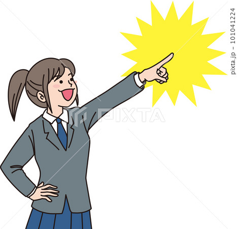 成績アップする女子中学生_右上を指差す中学生_制服女子_背景色あり 101041224