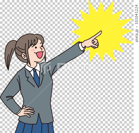 成績アップする女子中学生_右上を指差す中学生_制服女子_背景色あり 101041224