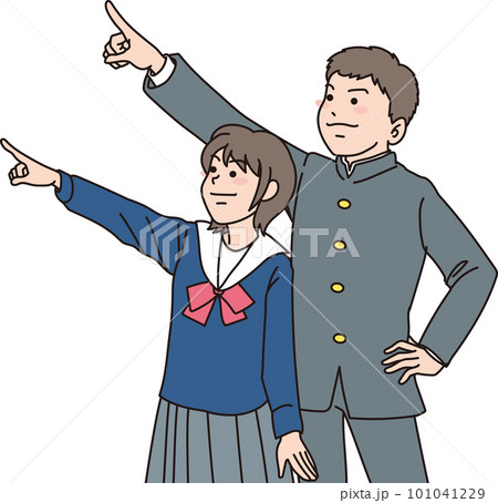 笑顔で上を指差す中学生dannjo_セット_左上を指差す男女2人 101041229
