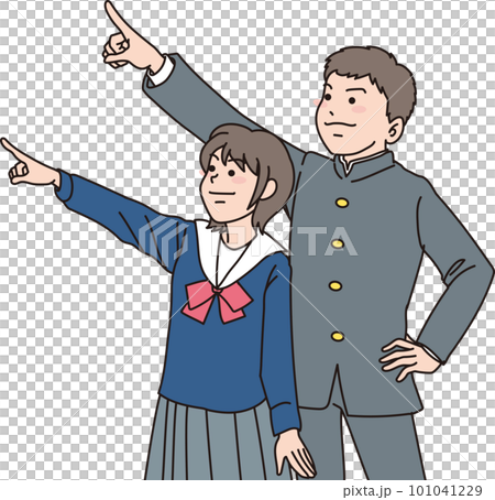笑顔で上を指差す中学生dannjo_セット_左上を指差す男女2人 101041229