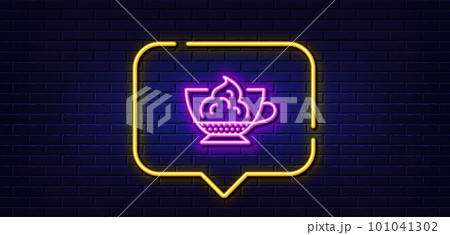 Neon light speech bubble. Espresso with whipped cream icon. Hot coffee drink sign. Beverage symbol. Neon light background. Espresso cream glow line. Brick wall banner. Vector 101041302