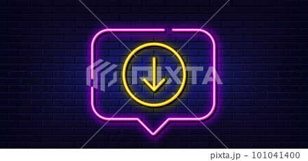Neon light speech bubble. Scroll down button line icon. Scrolling screen sign. Swipe page. Neon light background. Scroll down glow line. Brick wall banner. Vector 101041400