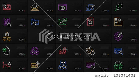 Set of Cyber attack, Move gesture and Recovery devices line icons. Include Computer keyboard, Checkbox, Video conference icons. Integrity, Card, Seo analysis web elements. Thumb down. Vector 101041401