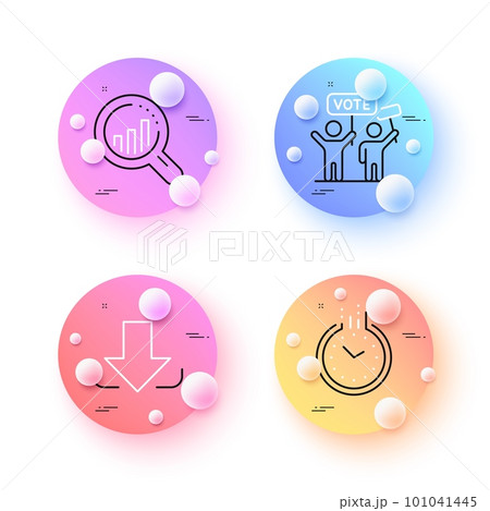 Time, Seo analysis and Voting campaign minimal line icons. 3d spheres or balls buttons. Download icons. For web, application, printing. Clock, Targeting chart, People rally. Load file. Vector 101041445