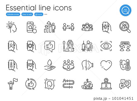 Security app, Chat app and Star rating line icons. Collection of Heart, Teamwork, Journey path icons. Water care, User call, Refresh like web elements. Leadership, Search employees. Vector Security app, Chat app and Star rating line icons. Collection of Heart, Teamwork, Journey path icons. Water care, User call, Refresh like web elements. Leadership, Search employees. Vector 101041451