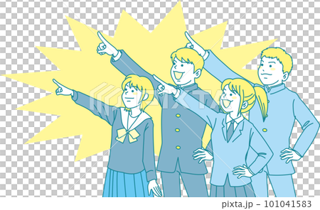 Junior high school student pointing _ set _ 4 men and women pointing in the same direction _ with background 101041583