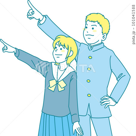指差す中学生_セット_左上を指差す男女2人 101041588