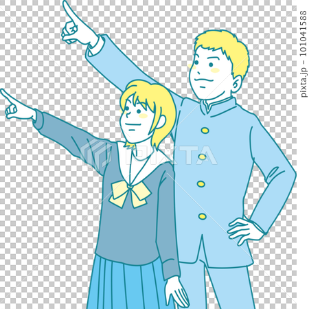 指差す中学生_セット_左上を指差す男女2人 101041588